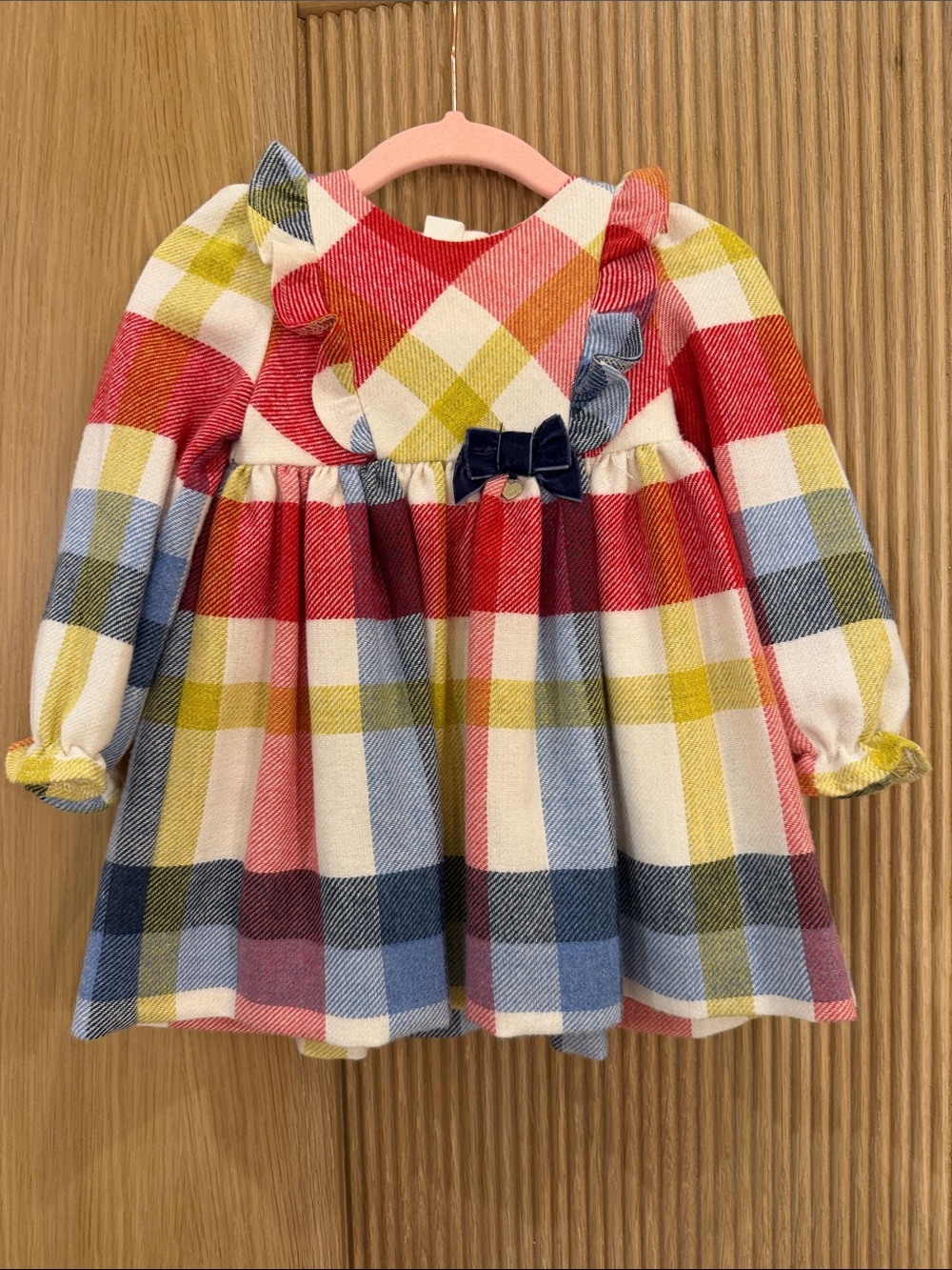 Mayoral Multicolor Plaid Ruffle Dress with Navy Bow